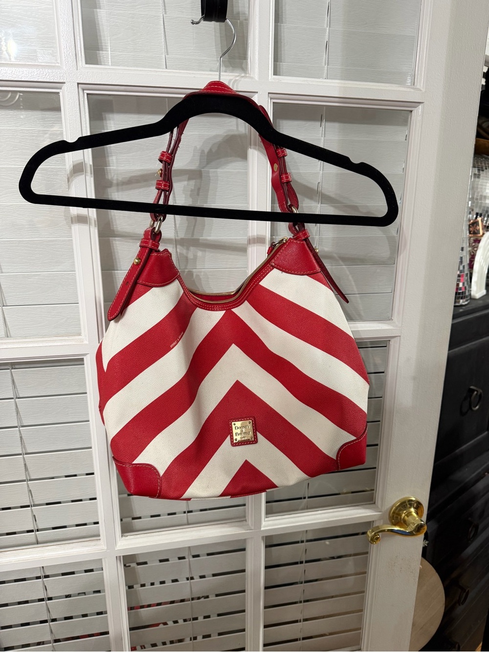 Dooney & Bourke Red and White Chevron Shoulder Hobo